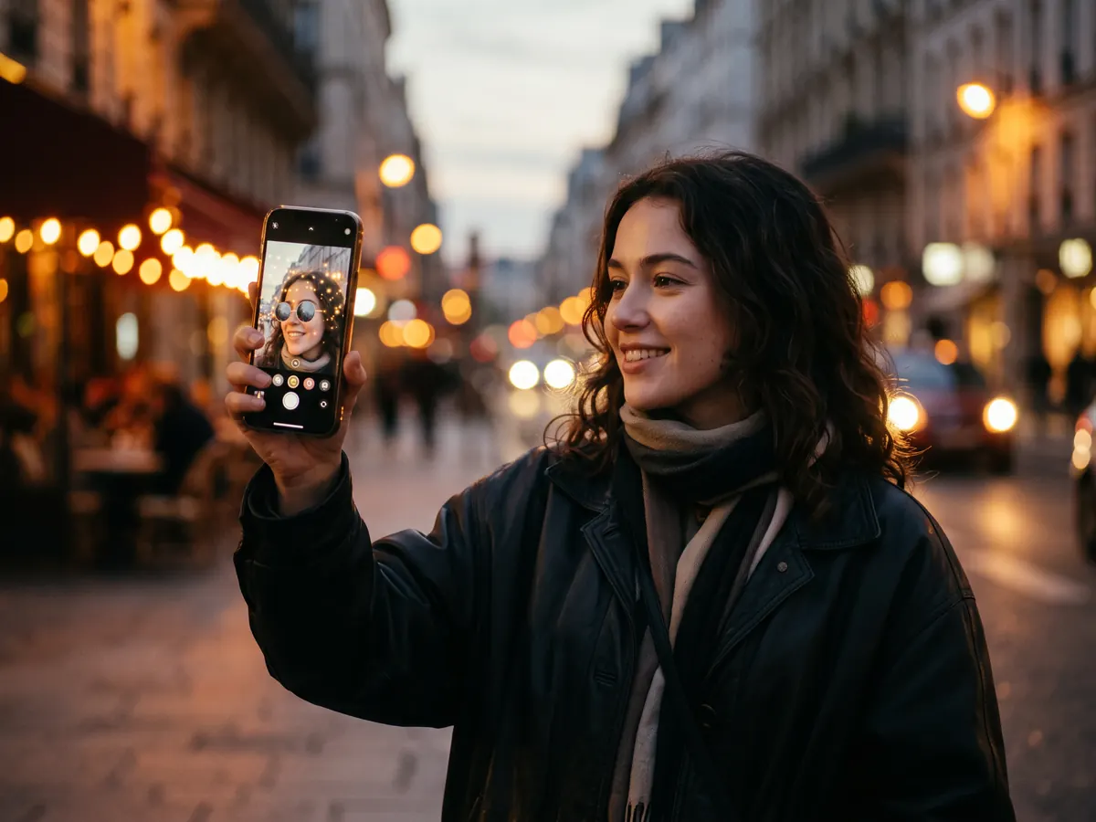 Akşam şehir sokağında telefonla özçekim yapan, ekranda ışıltılı artırılmış gerçeklik efekti görünen genç kadın