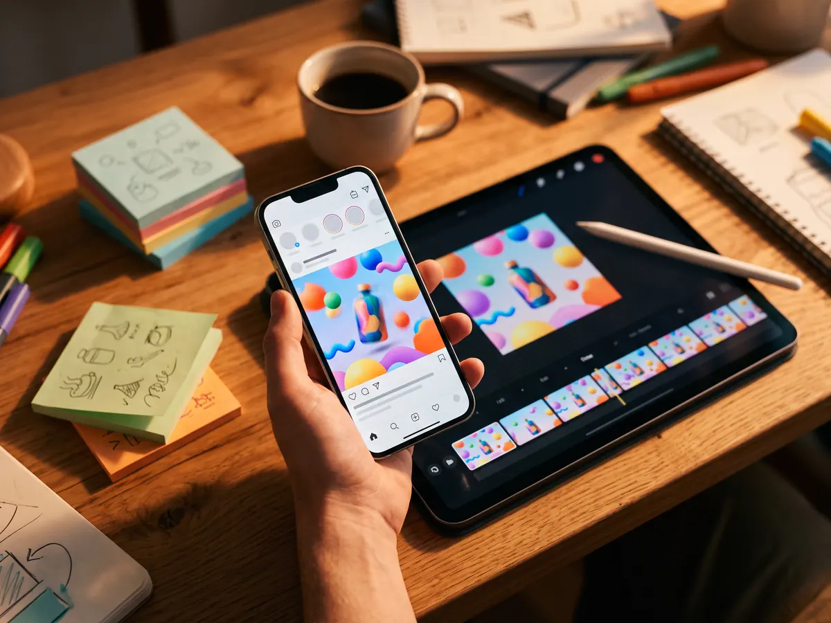 Masada renkli animasyonlu gönderi gösteren telefon tutan el ve yanında animasyon karelerinin olduğu tablet