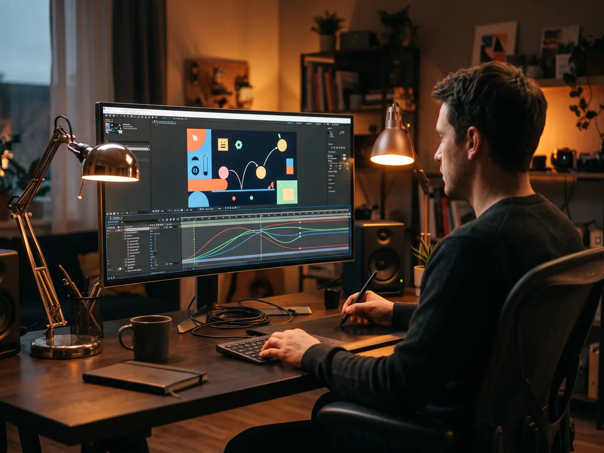 Monitörde renkli geometrik şekiller ve hareket eğrileriyle çalışan hareketli grafik tasarımcısı