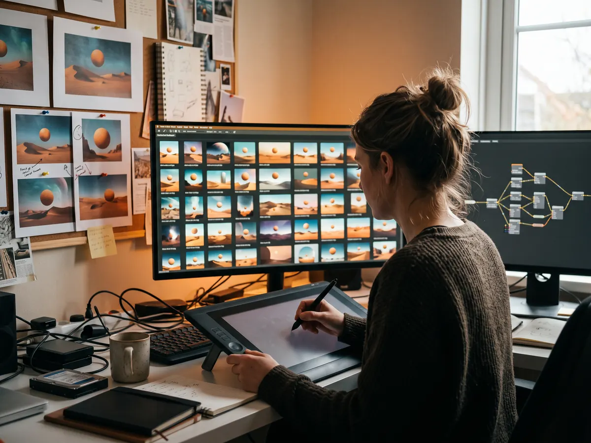 Monitördeki çok sayıda çöl manzarası varyasyonunu inceleyip tabletle seçim yapan tasarımcı