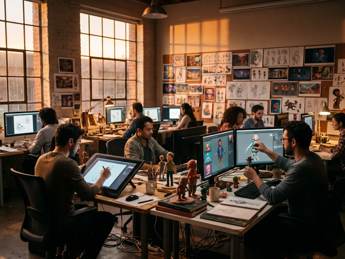 Ekranlarında 3D karakter modelleri ve çizimler bulunan, çizim tabletleriyle çalışan sanatçıların olduğu animasyon stüdyosu