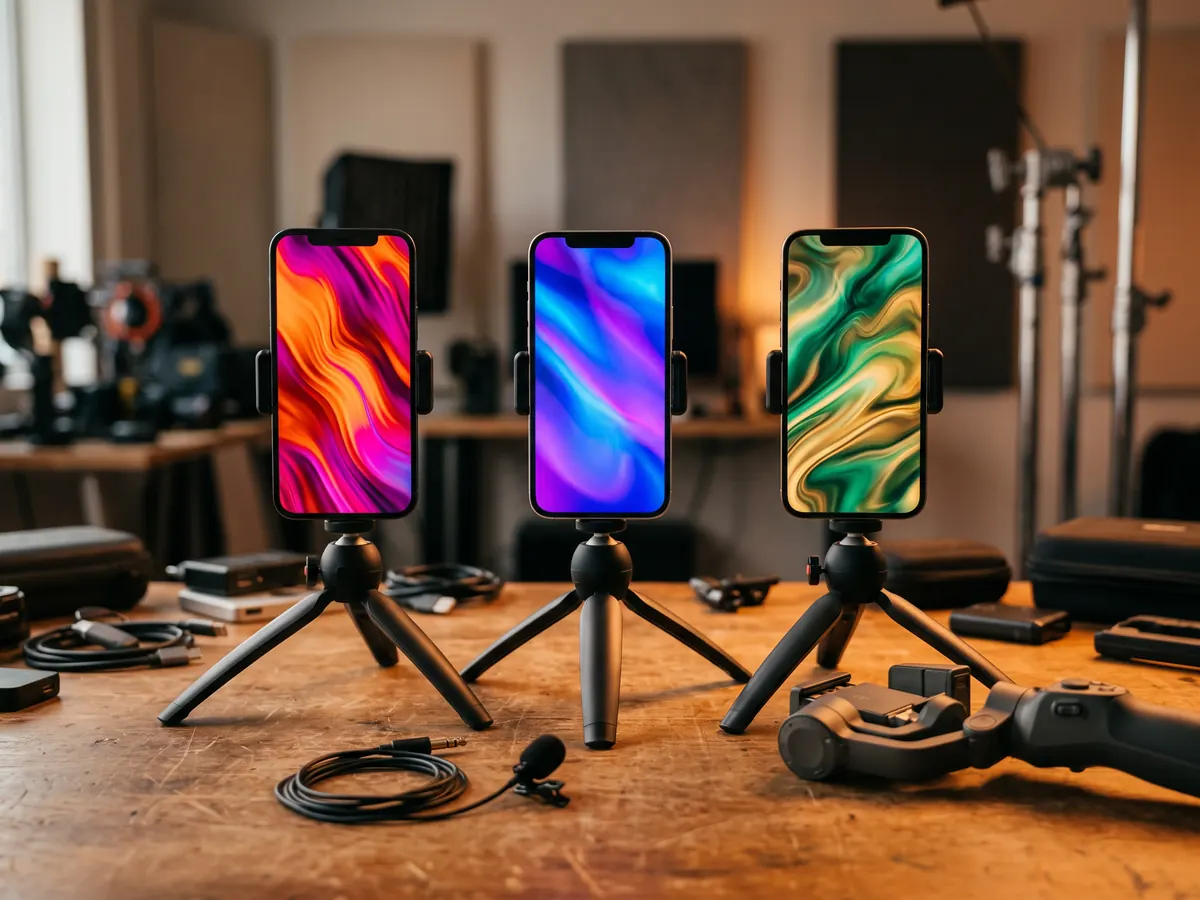 Stüdyo masasında küçük tripodlara dikey takılmış üç telefon, gimbal ve yaka mikrofonu