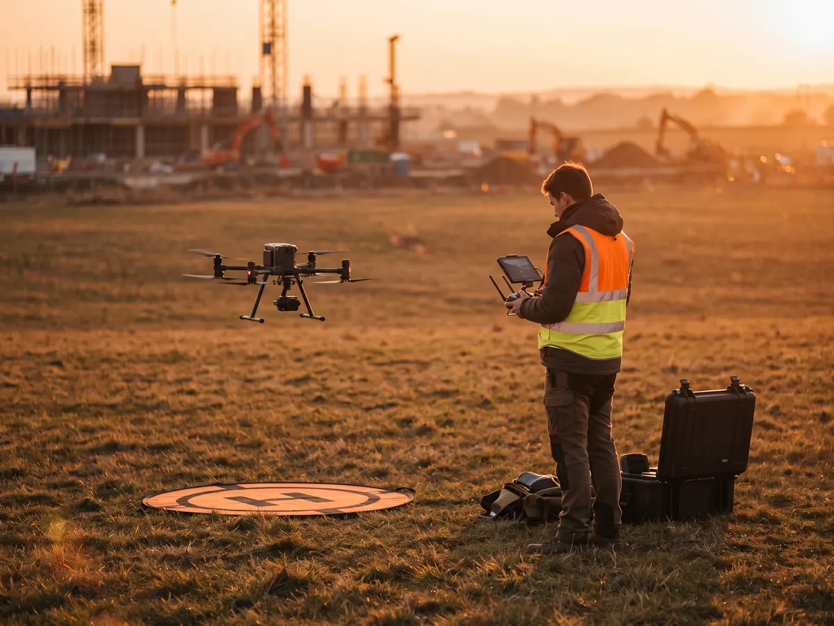 Gün batımında açık alanda kumandayla drone uçuran reflektif yelekli pilot