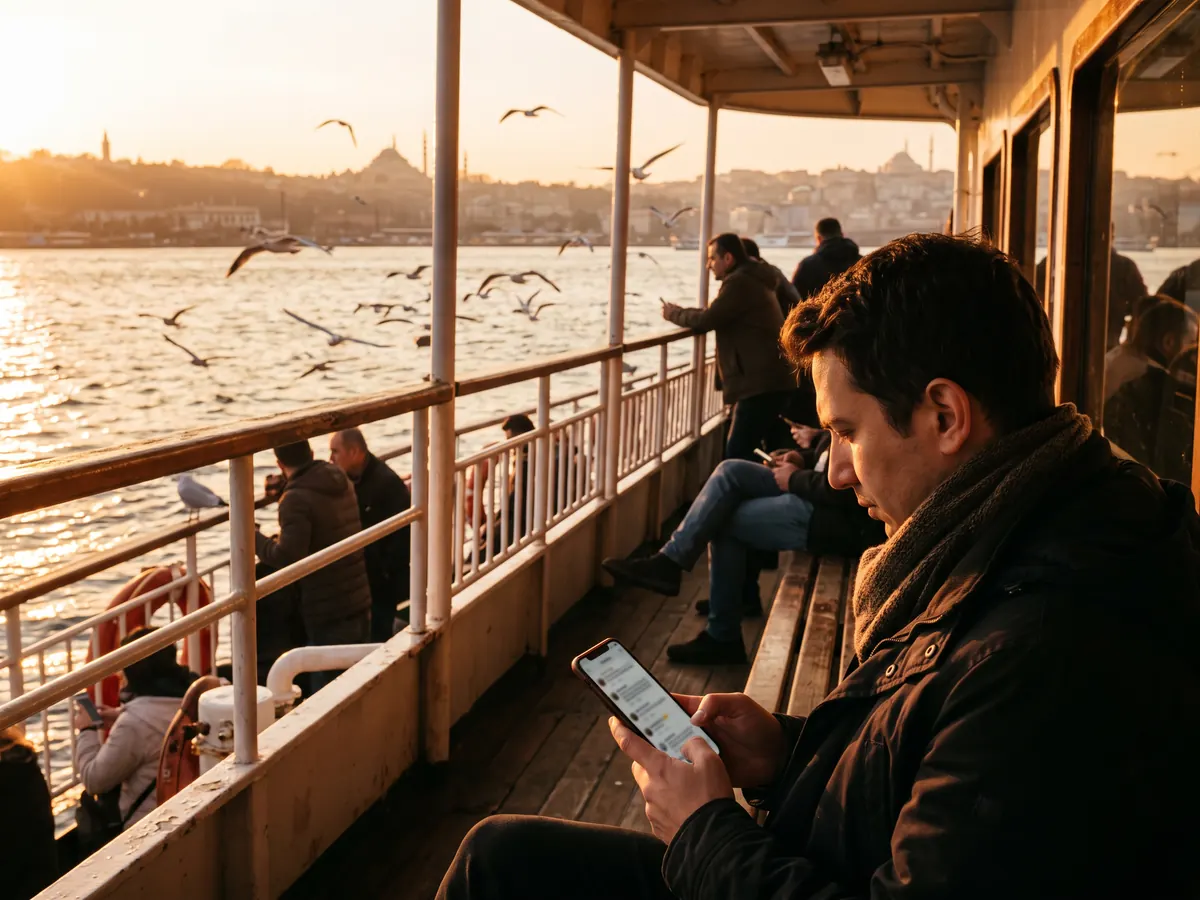 Gün batımında İstanbul vapurunun güvertesinde telefonundaki akışa bakan yolcular ve martılar