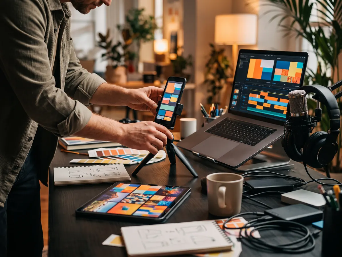 Stüdyo masasında tripodlu telefon, mikrofon ve kulaklık, tablet ve dizüstü bilgisayarı düzenleyen bir kişi