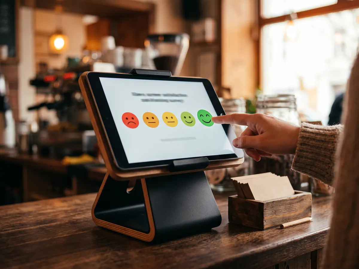 Kafe tezgâhındaki tablette mutsuzdan mutluya beş surat ifadesinden en mutlu olana dokunan müşteri eli