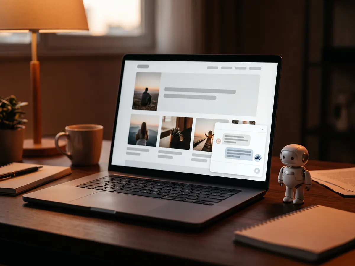 Akşam ışığında köşesinde sohbet asistanı penceresi açık web sitesi gösteren dizüstü bilgisayar ve yanında küçük oyuncak robot