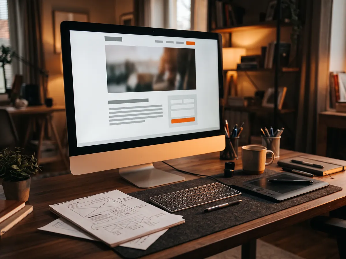 Ekranında büyük görselli tek sayfalık site taslağı açık monitör, yanında kâğıt eskizler ve çizim tableti