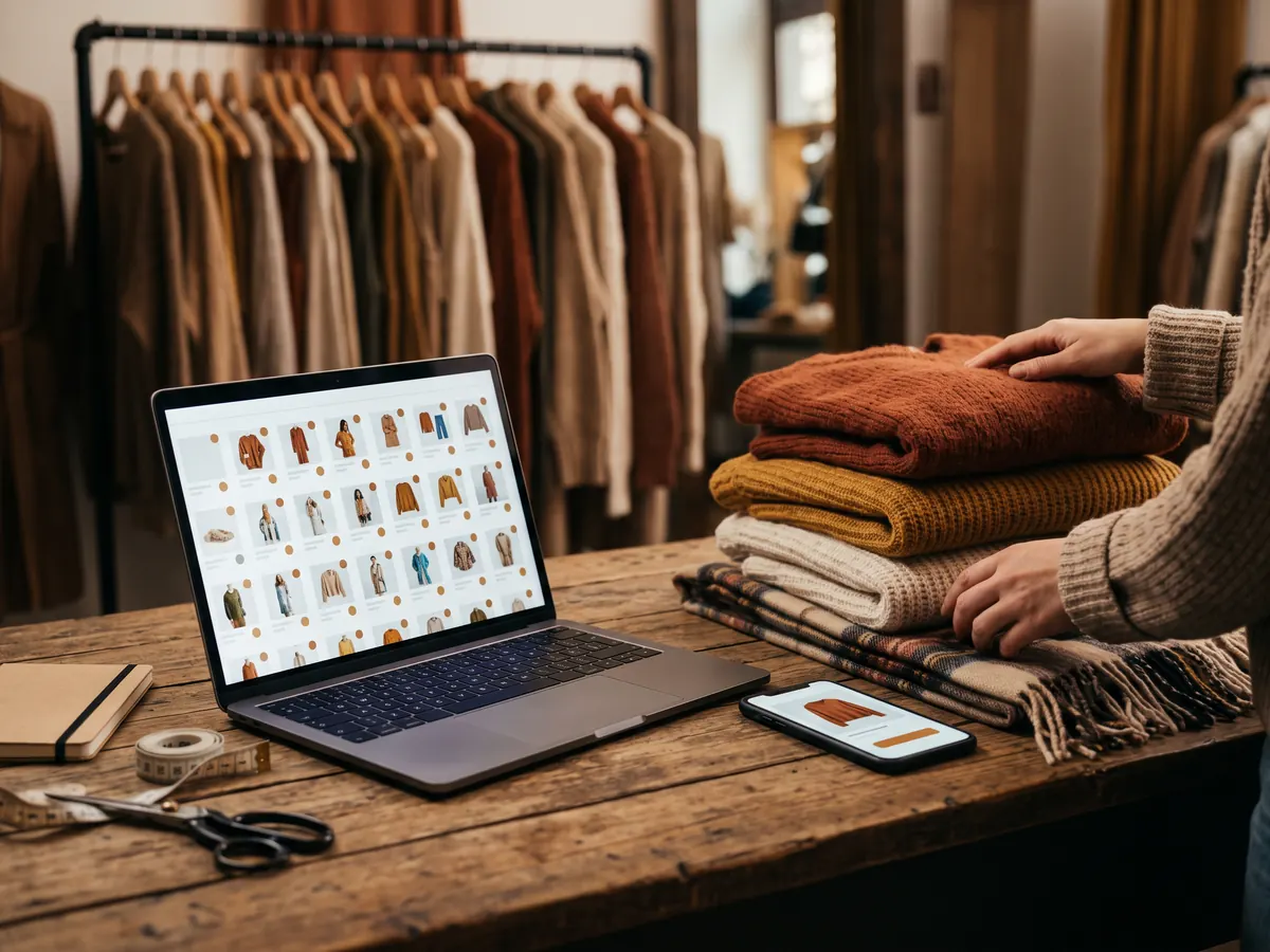 Butik tezgâhında ürün kataloğu açık dizüstü ve telefon, yanında katlanmış kazakları düzenleyen eller