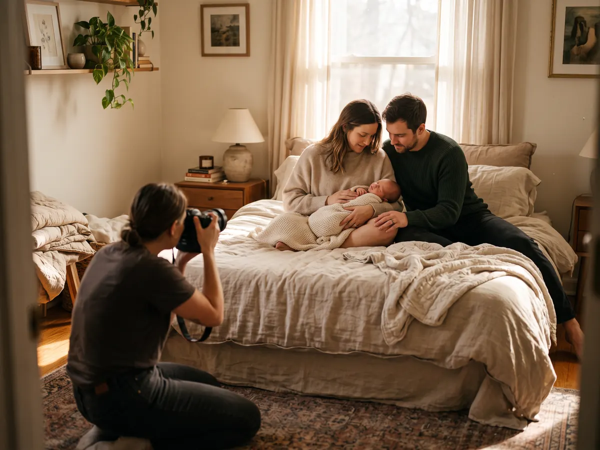 Aydınlık yatak odasında anne ve baba kundaklı bebeklerini kucaklıyor, fotoğrafçı yerde diz çökmüş çekim yapıyor