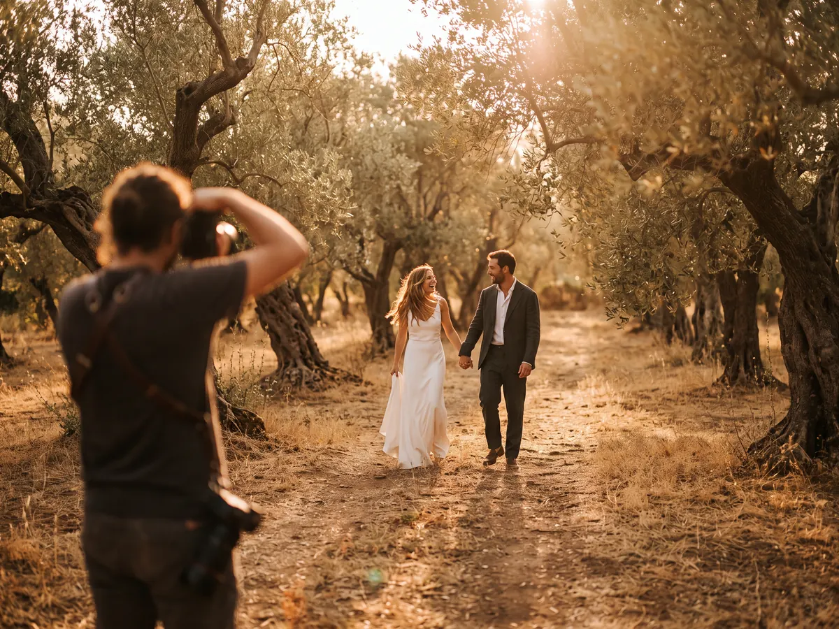 Gün batımında zeytinlikte el ele yürüyen gelin ve damat, ön planda onları fotoğraflayan fotoğrafçı