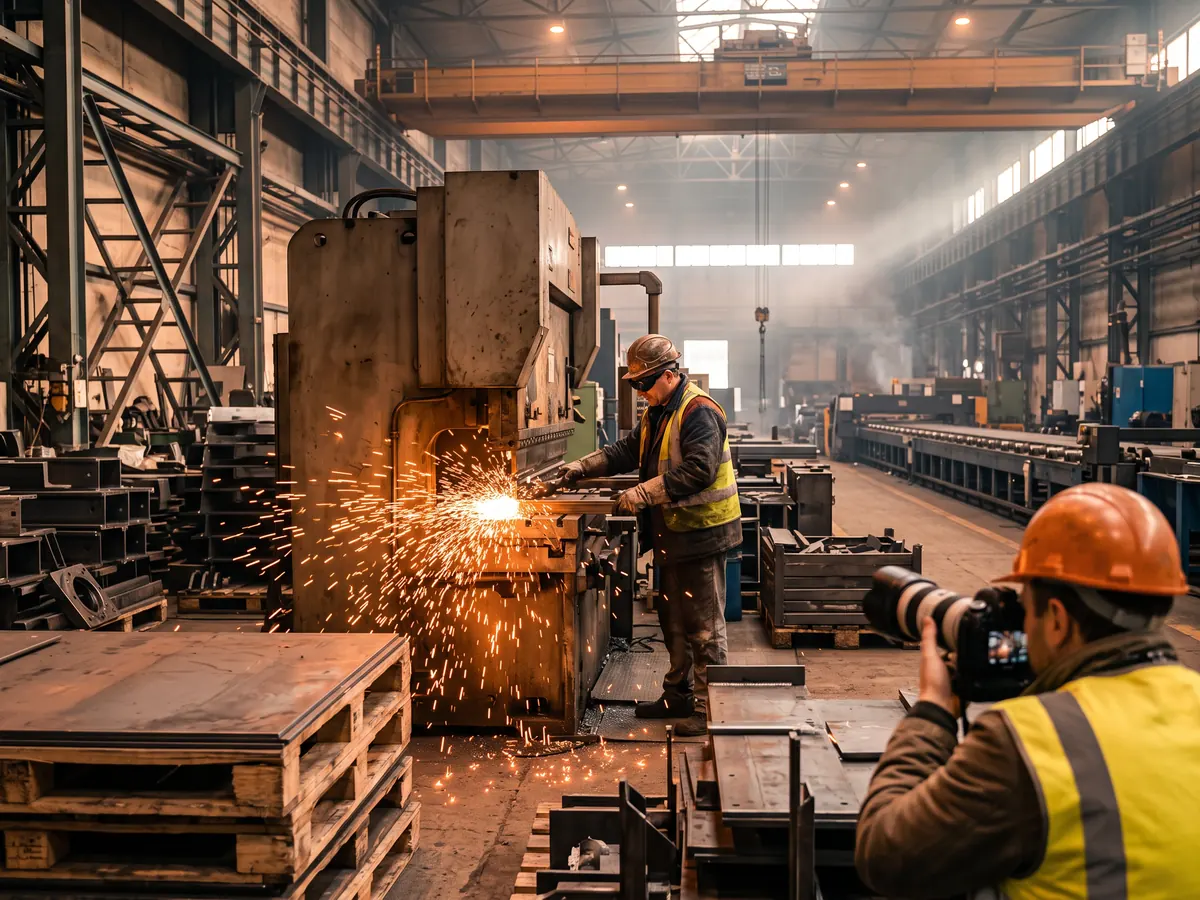 Metal işleme fabrikasında baretli işçi kıvılcımlar arasında makinede çalışıyor, yelekli fotoğrafçı önden çekim yapıyor