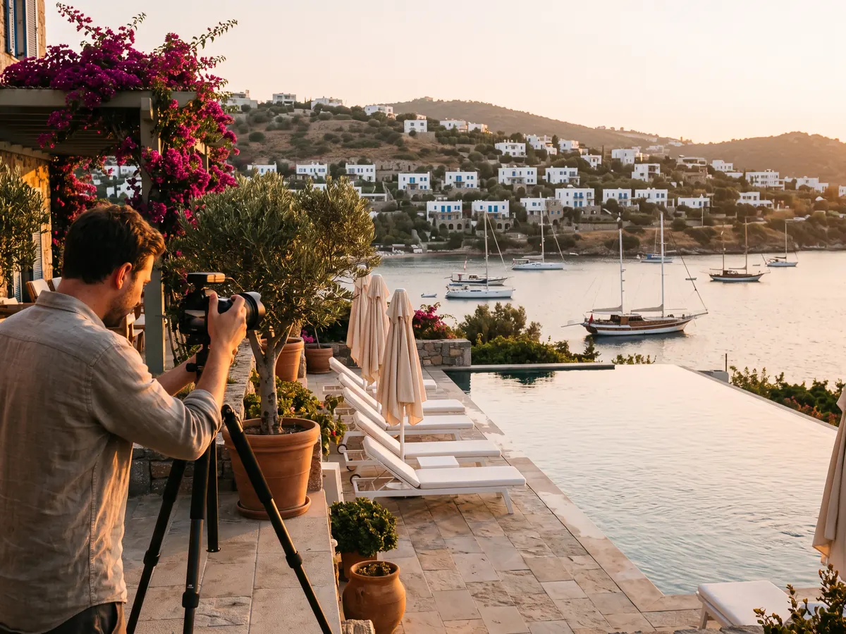 Gün batımında koya bakan otel terasında fotoğrafçı tripodla sonsuzluk havuzunu ve şezlongları fotoğraflıyor
