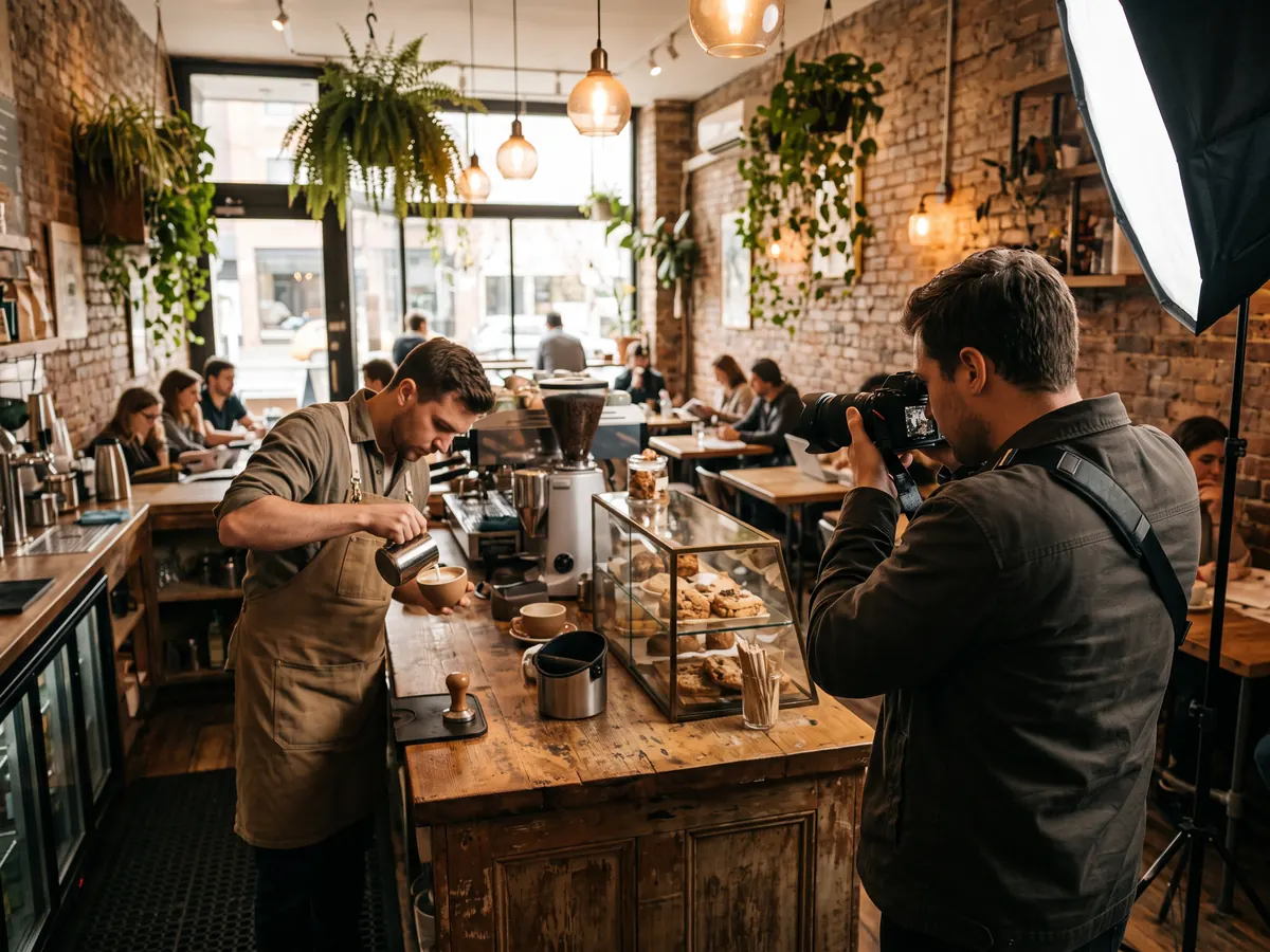 Tuğla duvarlı sıcak bir kafede barista latte art yaparken fotoğrafçı tezgâhın önünden çekim yapıyor