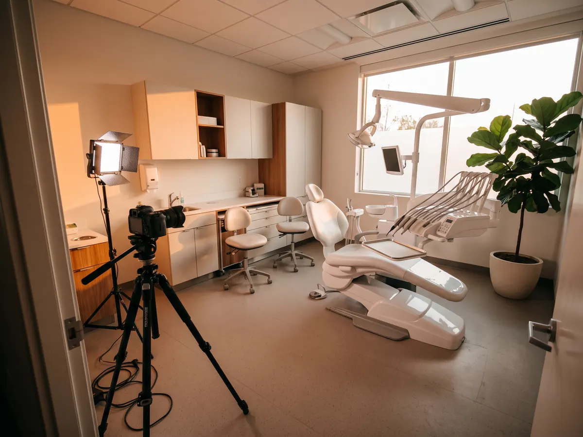 Boş ve temiz diş kliniği muayene odasında dental koltuk, kapı yanında tripodda kamera ve LED ışık