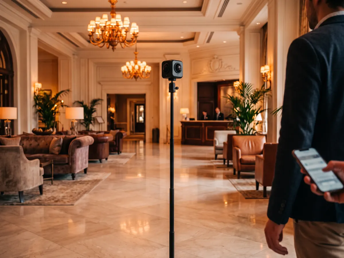 Mermer zeminli otel lobisinin ortasında ince çubuk üzerinde 360 derece kamera, yanında telefon tutan fotoğrafçı