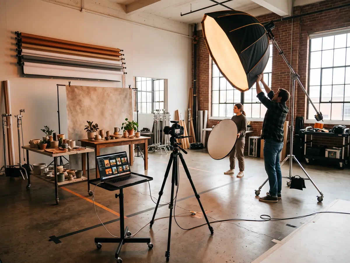 Tuğla duvarlı stüdyoda fotoğrafçı büyük softbox ışığı ayarlıyor, asistan reflektör tutuyor, tripoddaki kamera dizüstüne bağlı