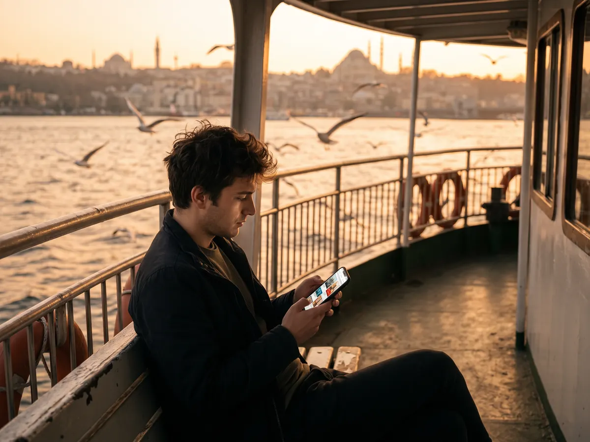 Gün batımında vapurda oturan genç, telefonunda görsel ağırlıklı içerik akışında geziniyor.