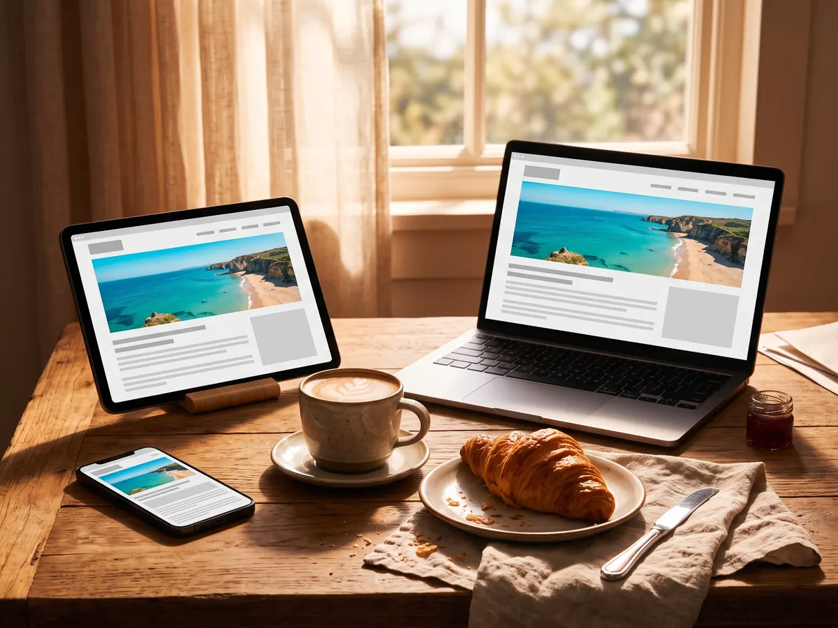 Kahvaltı masasında tablet, dizüstü bilgisayar ve telefon aynı tatil görselli reklamı gösteriyor.