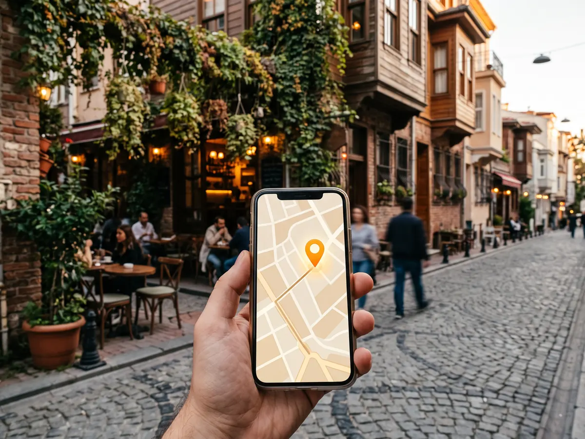 Arnavut kaldırımlı sokakta eldeki telefon, haritada yakındaki kafeyi turuncu konum işaretiyle gösteriyor.