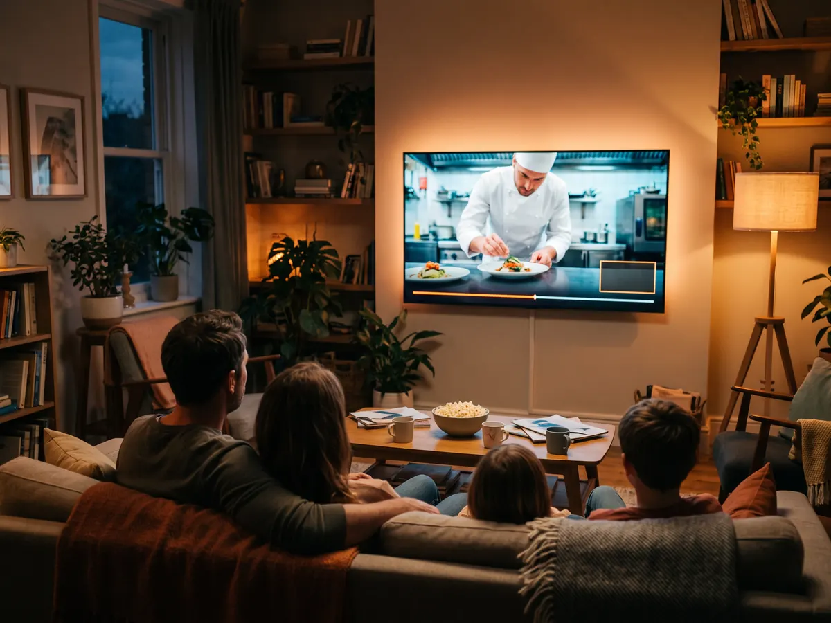 Aile akşam kanepede oturmuş, televizyonda aşçının yemek hazırladığı bir video reklam oynuyor.