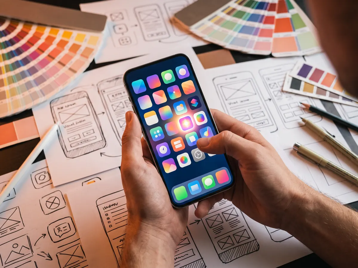 Uygulama ekranı eskizleri ve renk kartelaları üzerinde, renkli uygulama simgeleri gösteren telefonu tutan eller
