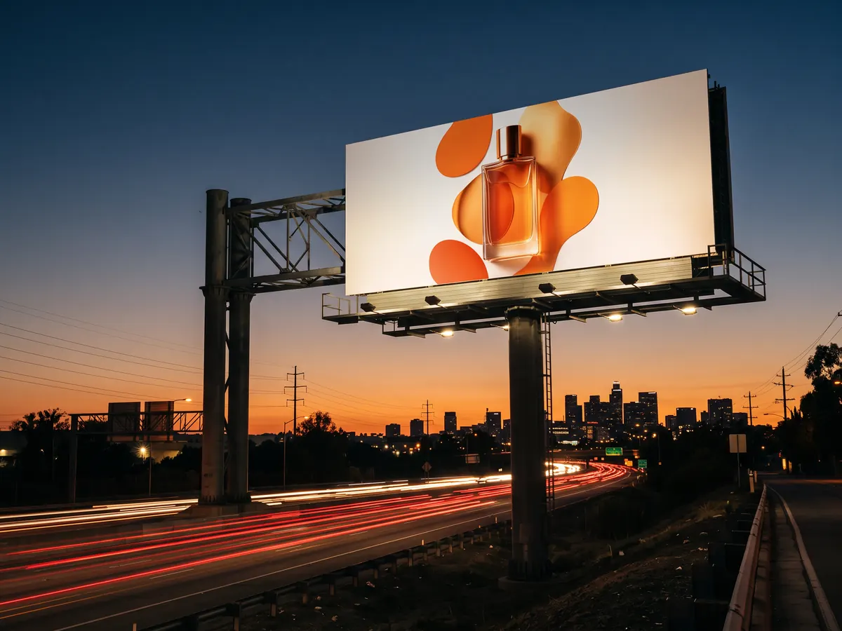 Alacakaranlıkta otoyol kenarında parfüm şişesi görselli dev billboard ve ışık izi bırakan araçlar