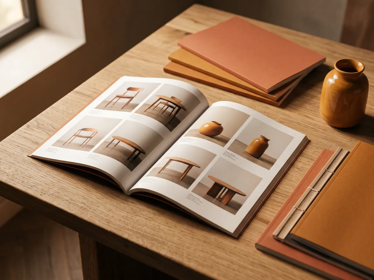 Mobilya ve seramik ürün fotoğraflarıyla açık katalog sayfaları, yanında kapaklı katalog yığını ve seramik vazo