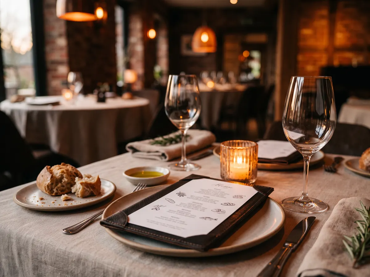 Mum ışığında kurulmuş restoran masasında deri kaplı menü kartı, kadehler, ekmek ve zeytinyağı
