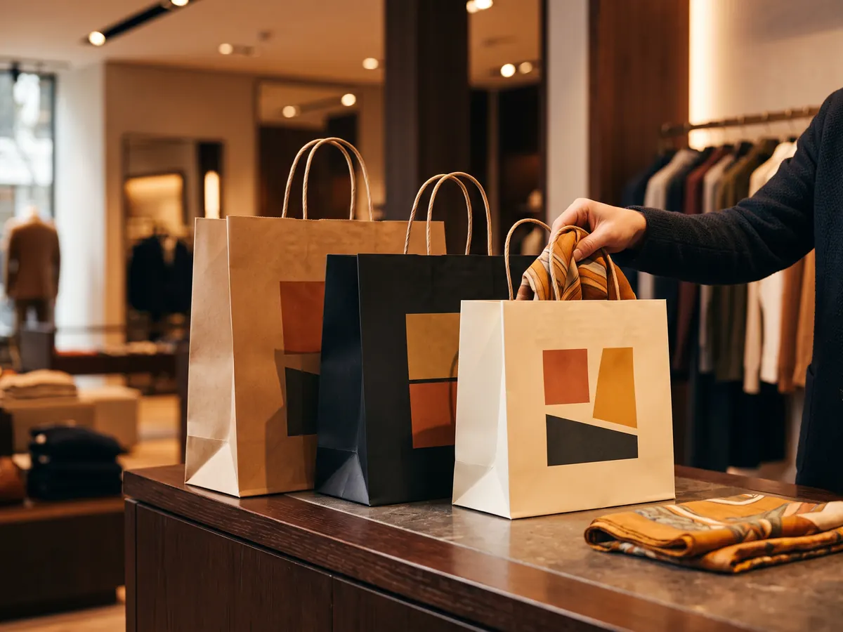 Butik tezgâhında kraft, siyah ve krem renk geometrik desenli karton çantalar ve çantaya fular koyan el