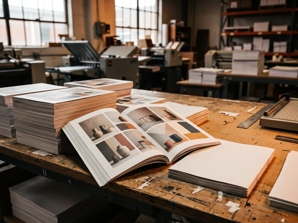 Cilt atölyesinde tezgâhta üst üste dizilmiş kataloglar ve seramik ürün fotoğrafları görünen açık bir katalog