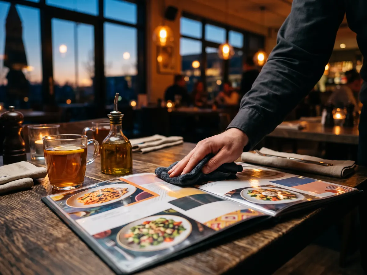 Akşam ışığında restoran masasında açık duran yemek fotoğraflı menüyü bezle silen garson eli