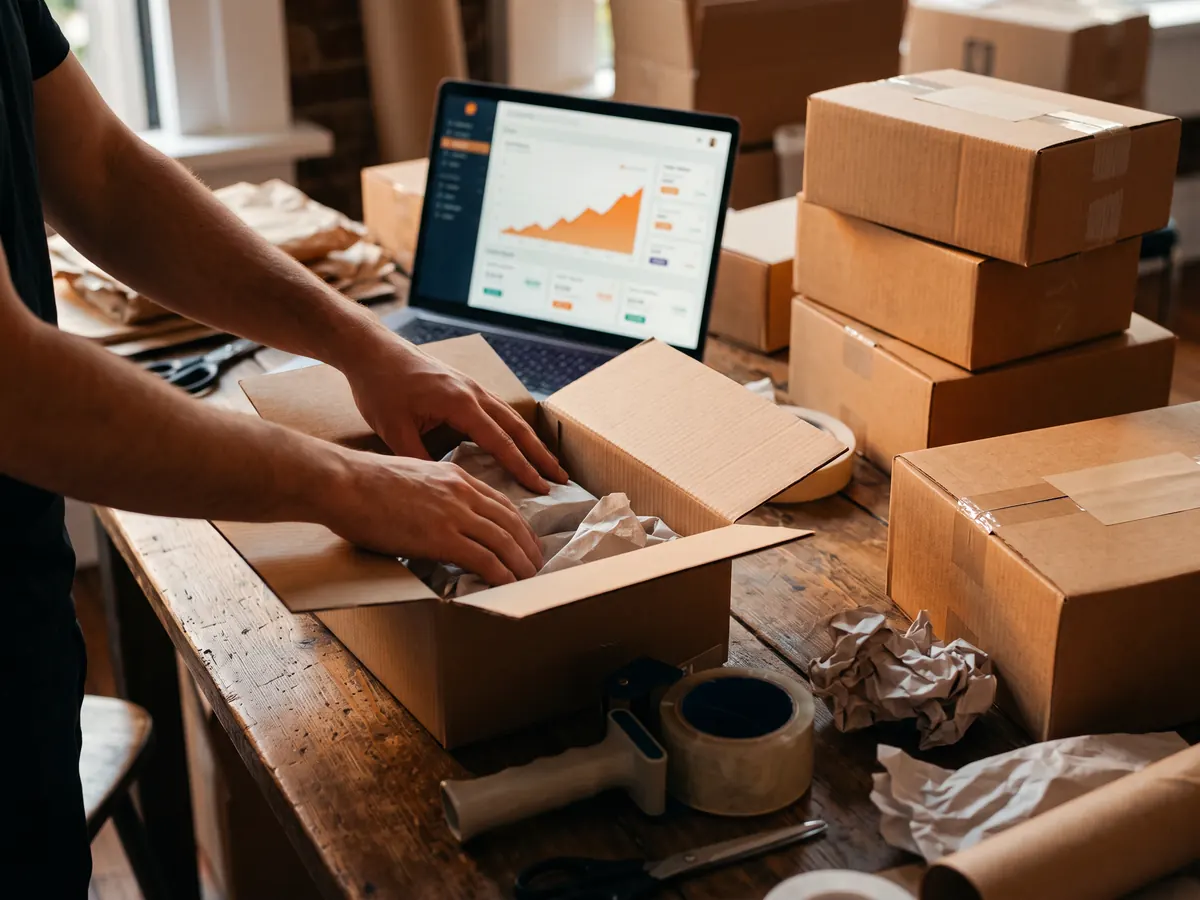 Online sipariş koliye paketleniyor, arkadaki dizüstü bilgisayarda yükselen satış grafiği görünüyor.