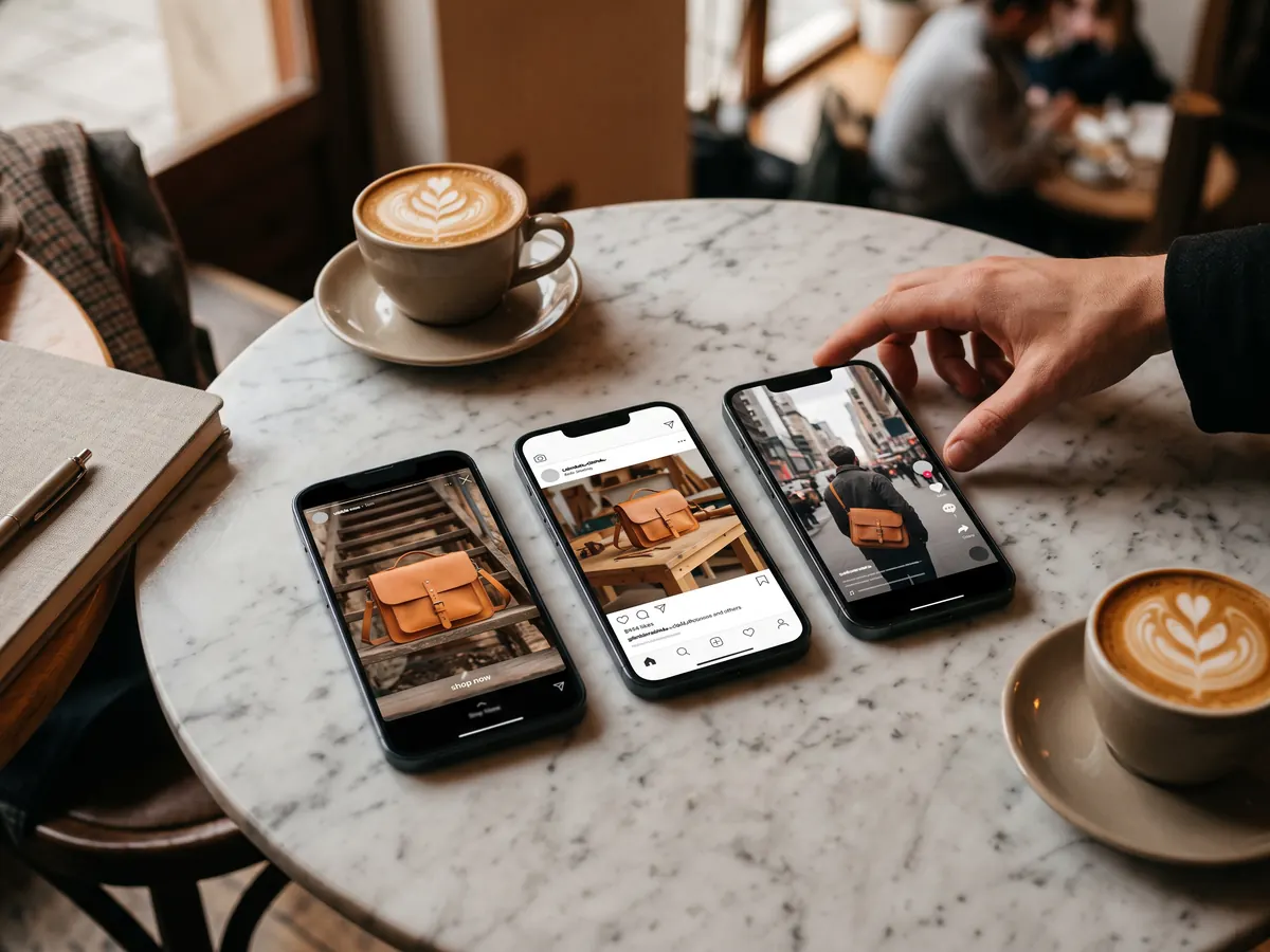 Kafe masasında üç telefon, aynı deri çantanın hikâye, gönderi ve kısa video reklamını gösteriyor.
