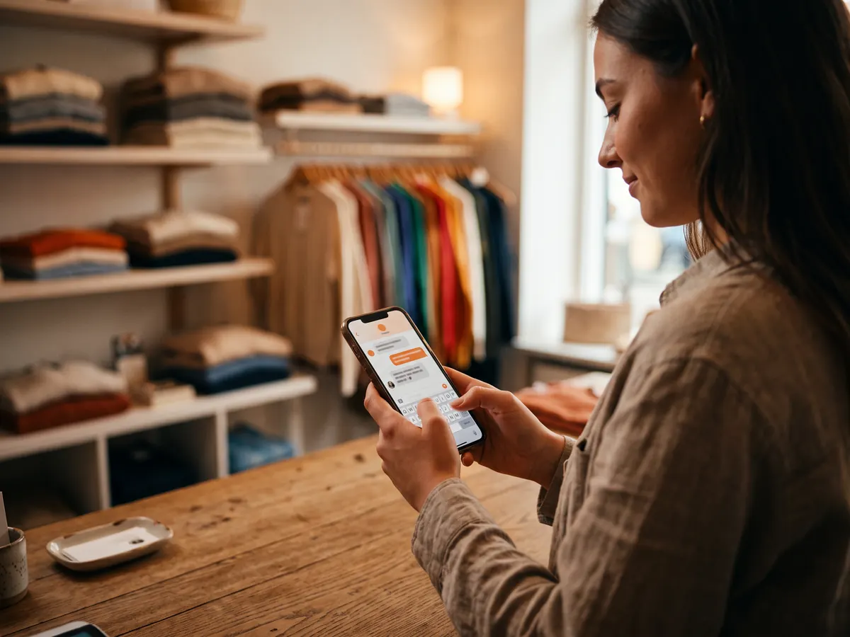 Butik çalışanı tezgâhta telefonundan müşteriden gelen mesaja yanıt yazıyor.