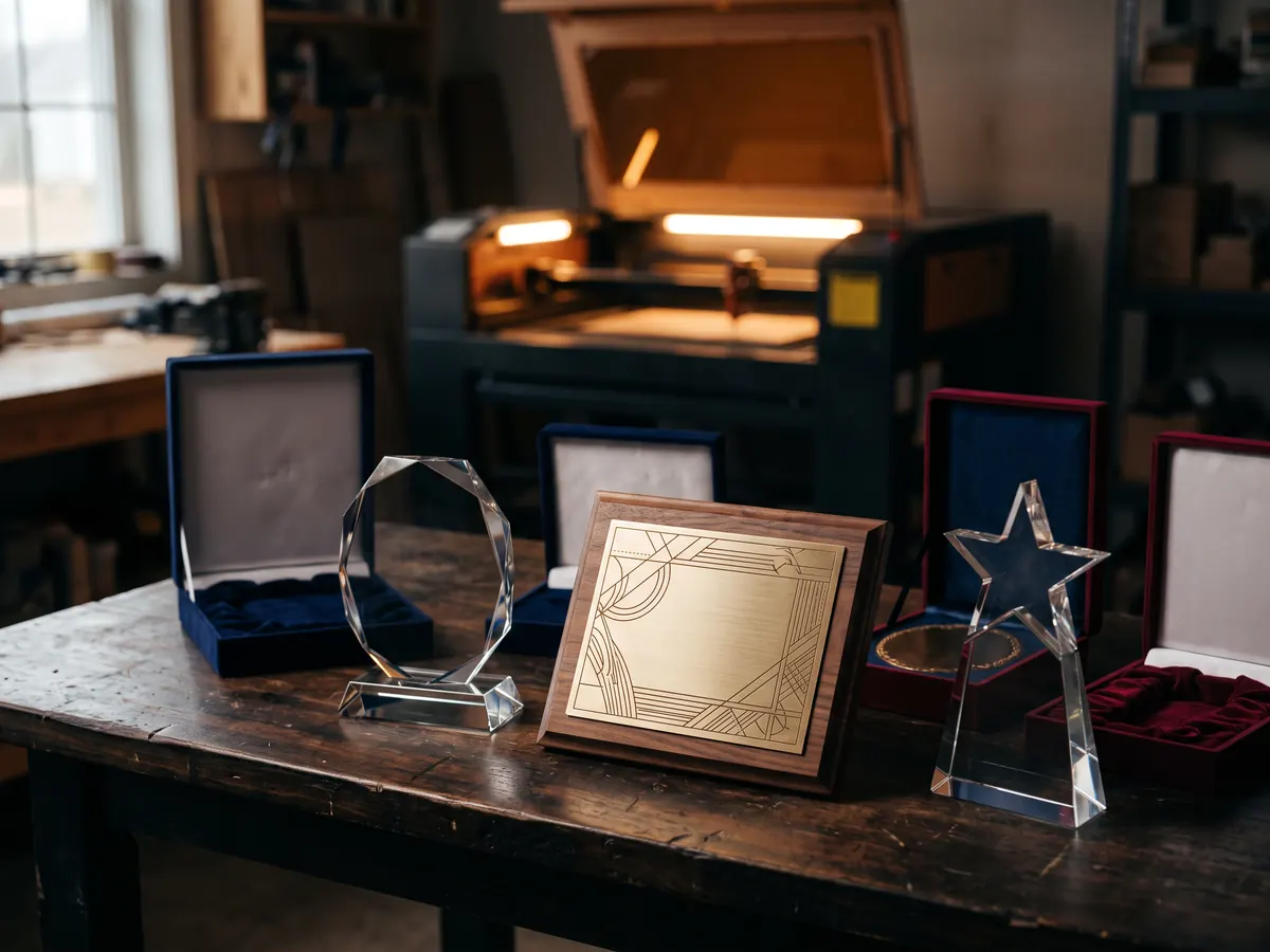 Kadife kutuların önünde kristal ödül, pirinç levhalı ahşap plaket ve yıldız biçimli ödül, arkada lazer kazıma makinesi