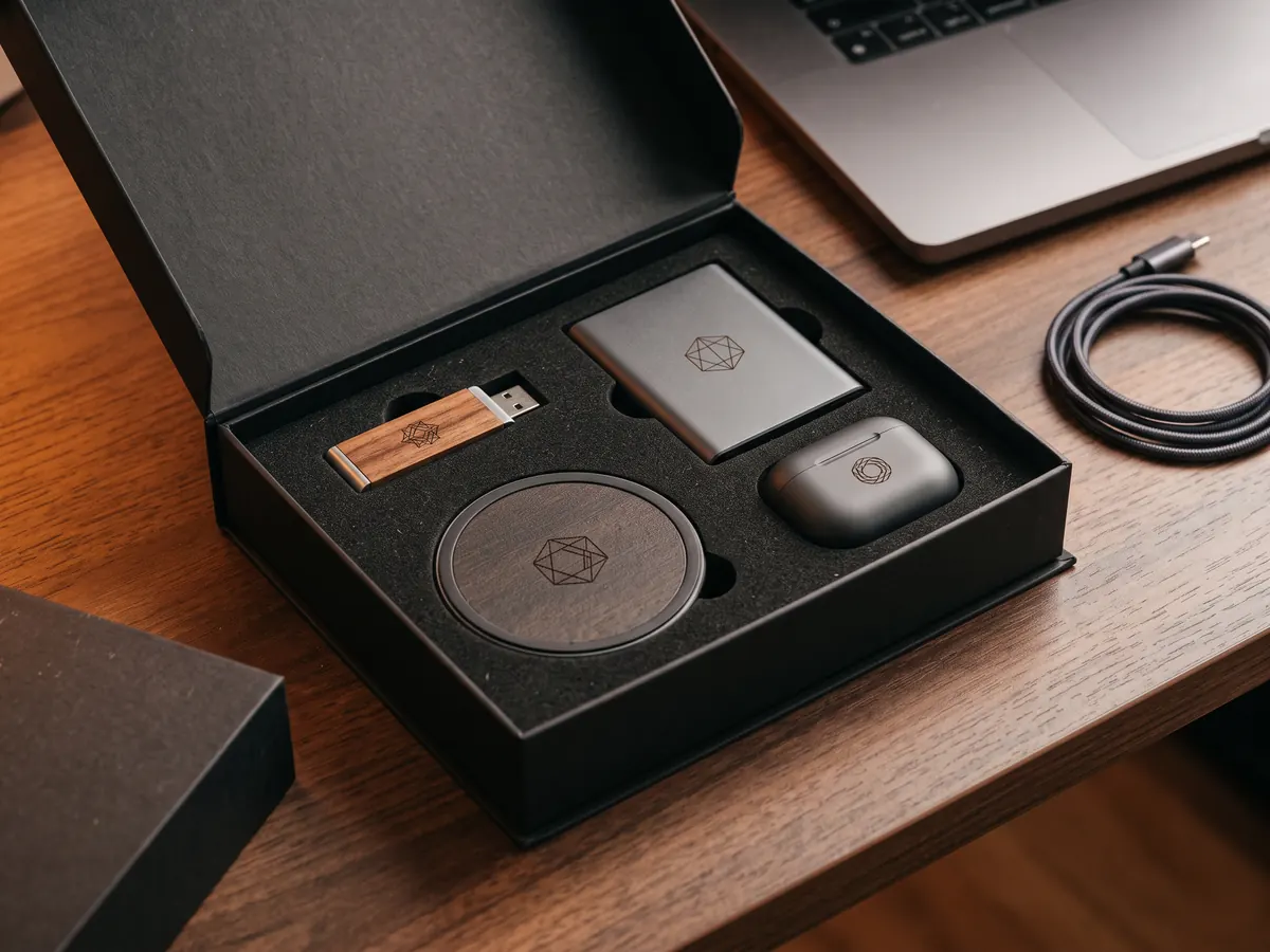 Siyah süngerli hediye kutusunda ahşap USB bellek, powerbank, kablosuz şarj altlığı ve kulaklık kutusu