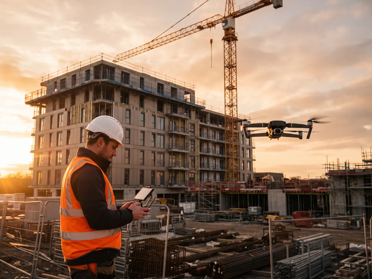 Gün batımında vinçli konut inşaatının önünde baretli mühendisin kumandayla drone uçurduğu şantiye