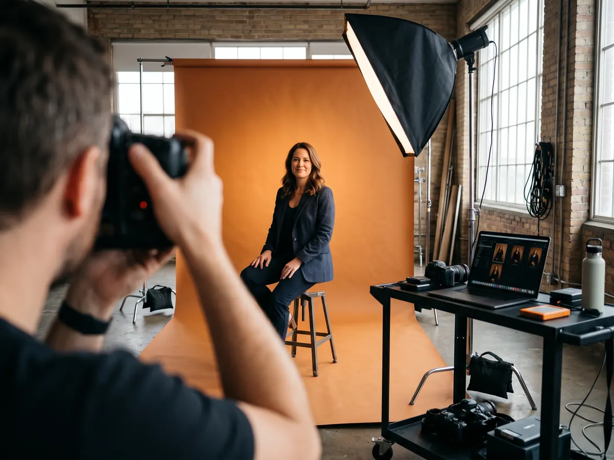 Turuncu fon önünde tabureye oturmuş ceketli kadını softbox ışıkla fotoğraflayan fotoğrafçı