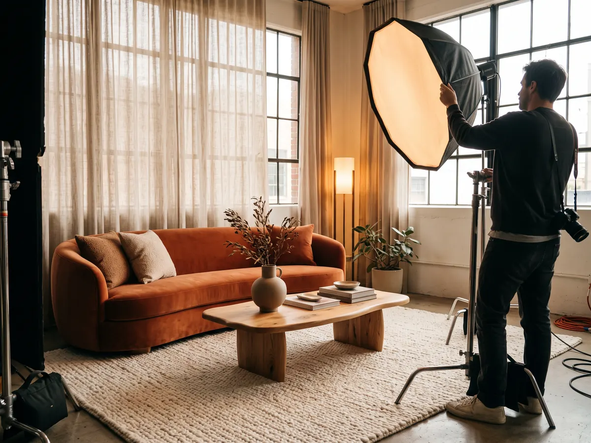 Kiremit rengi kadife kanepe, ahşap sehpa ve halıyla salon gibi kurulmuş showroomda softbox ayarlayan fotoğrafçı
