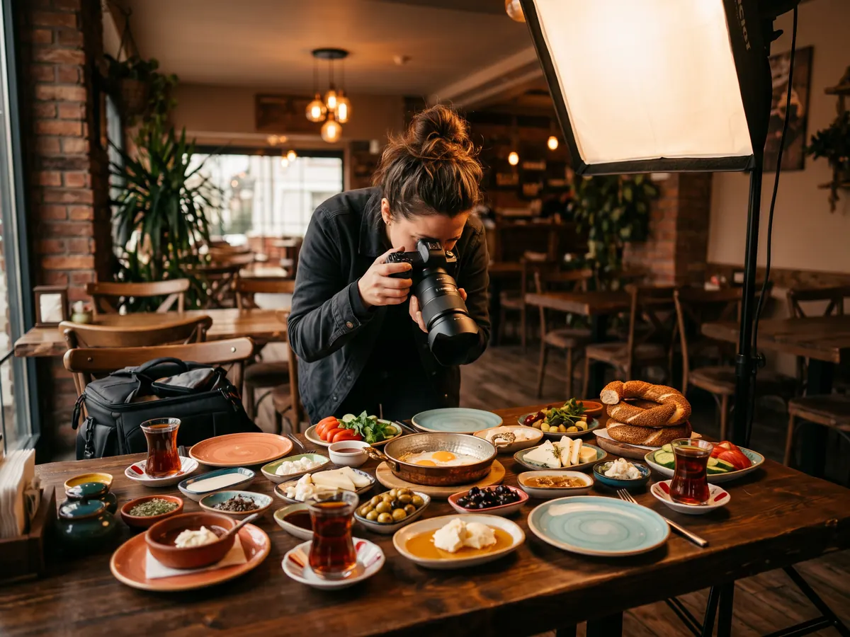 Restoranda çay bardakları, simit ve mezelerle kurulmuş serpme kahvaltı masasını fotoğraflayan fotoğrafçı