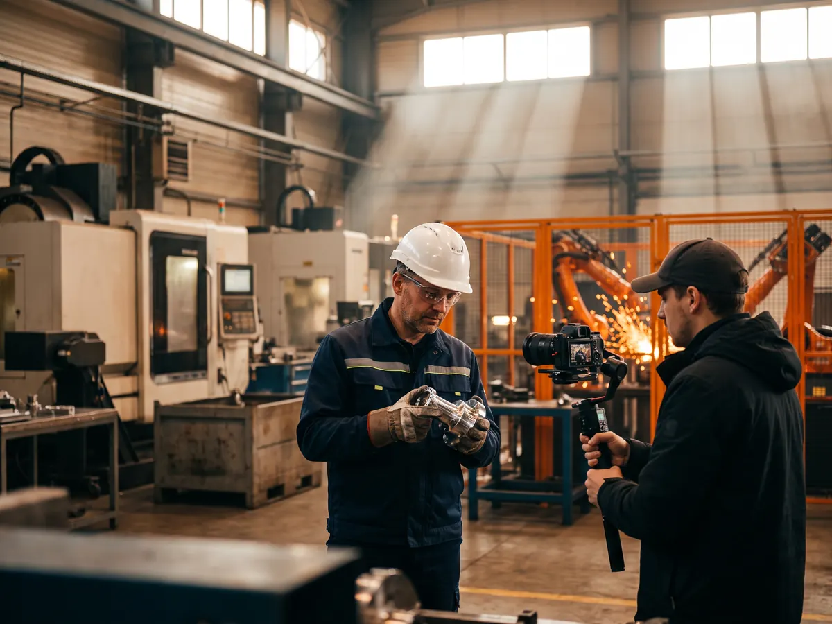 CNC tezgâhları ve kaynak yapan robot kolların olduğu fabrikada baretli mühendisi gimbal kamerayla çeken kameraman