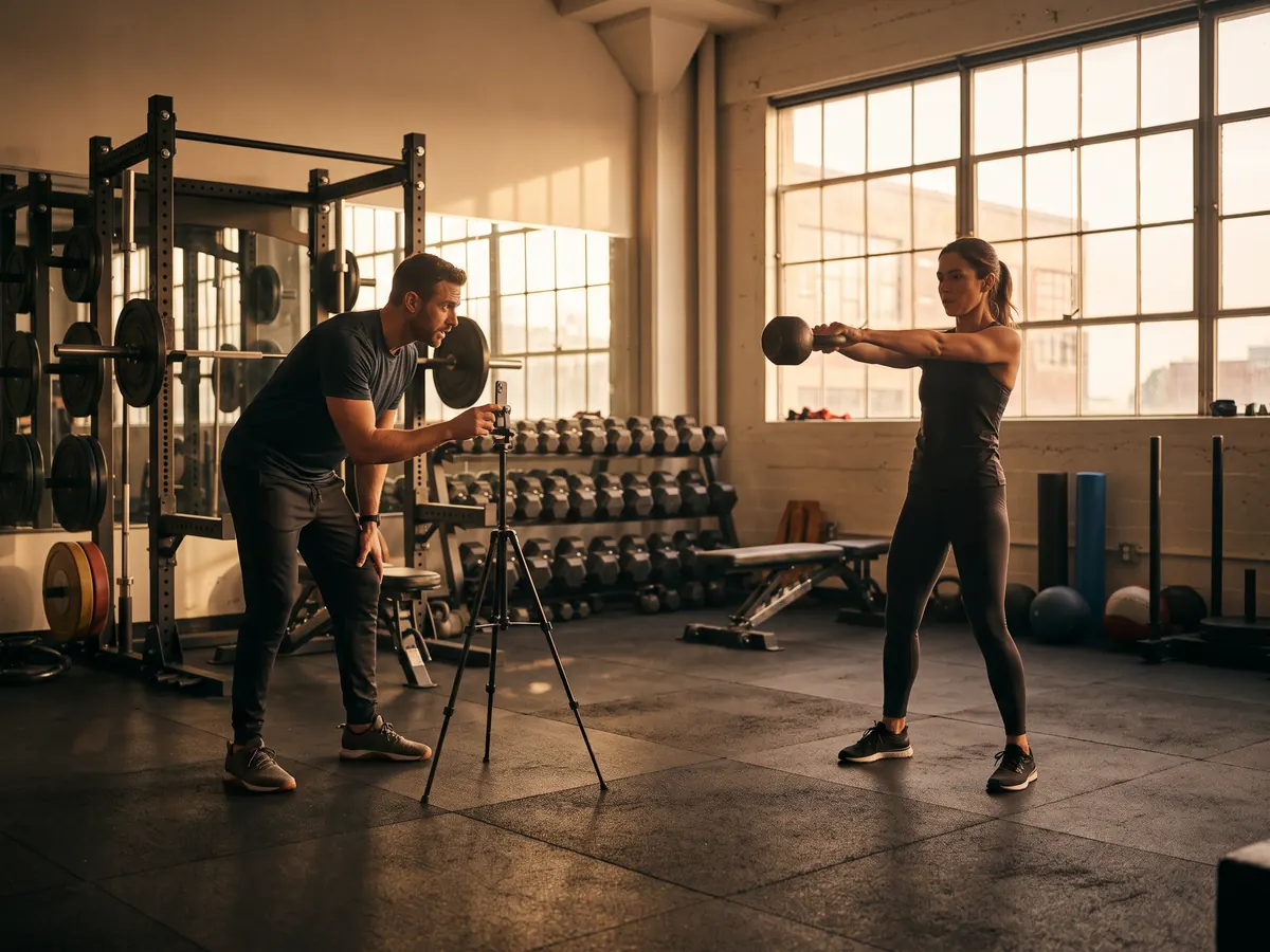 Spor salonunda kettlebell sallayan sporcuyu tripoddaki telefonla kaydeden kişisel antrenör