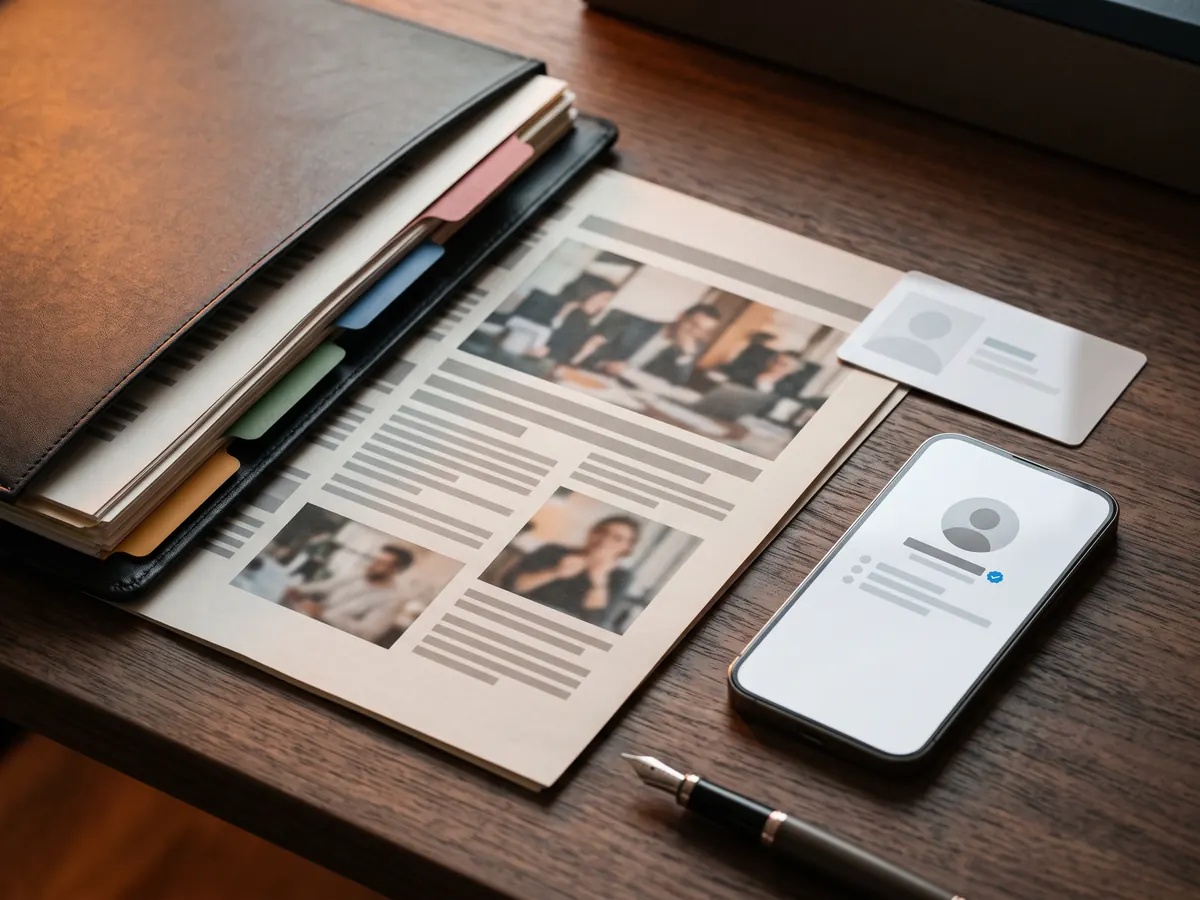 Sekmeli belge klasörü, basın kupürü, kimlik kartı ve doğrulama rozetli profil gösteren telefonun durduğu masa