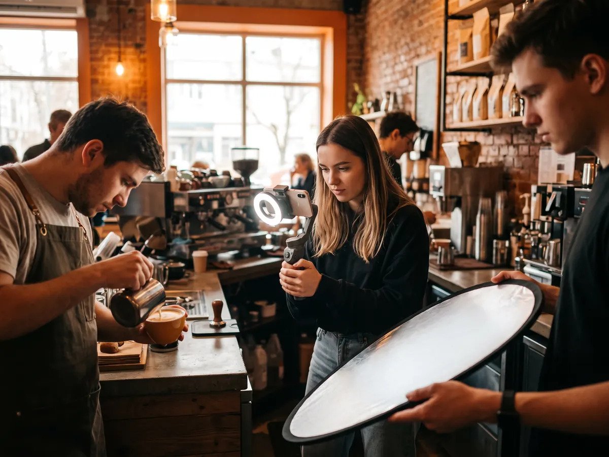 Kahve dükkânında latte art yapan baristayı gimbal üzerindeki telefonla dikey çeken ekip ve reflektör tutan yardımcı
