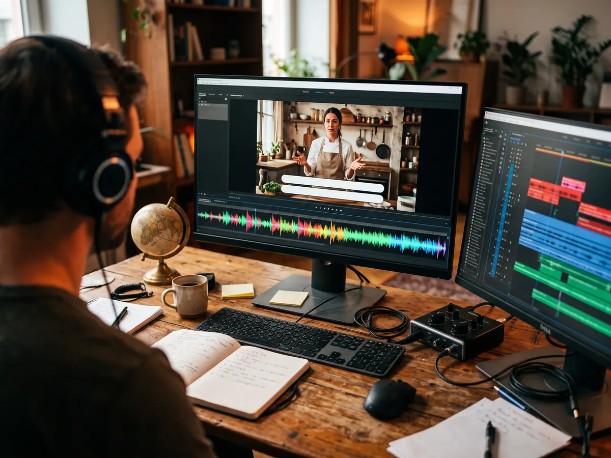 Kulaklıklı bir kişinin monitörde altyazı alanları ve ses dalgası görünen videoyu düzenlediği masa