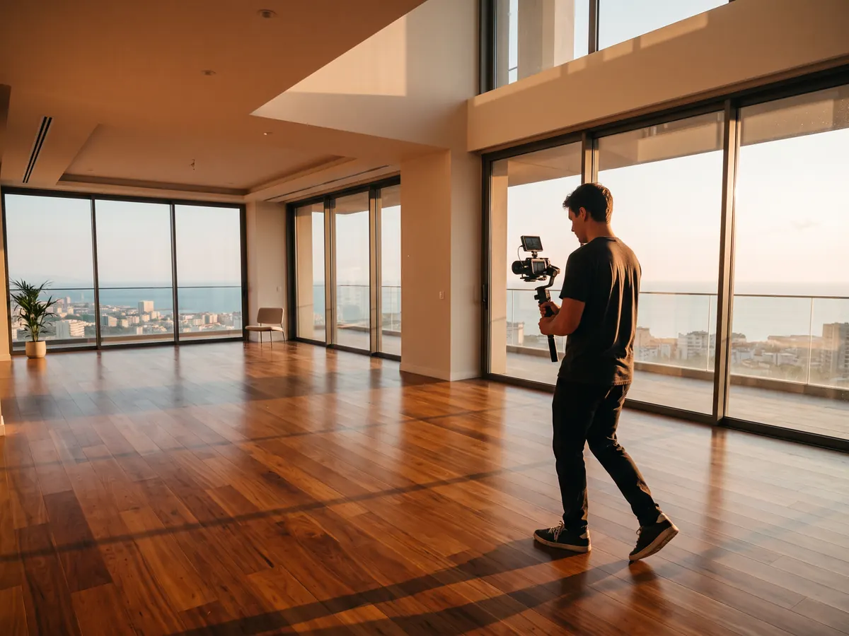 Deniz manzaralı boş ve aydınlık bir dairenin salonunda gimbal kamerayla yürüyerek çekim yapan kameraman
