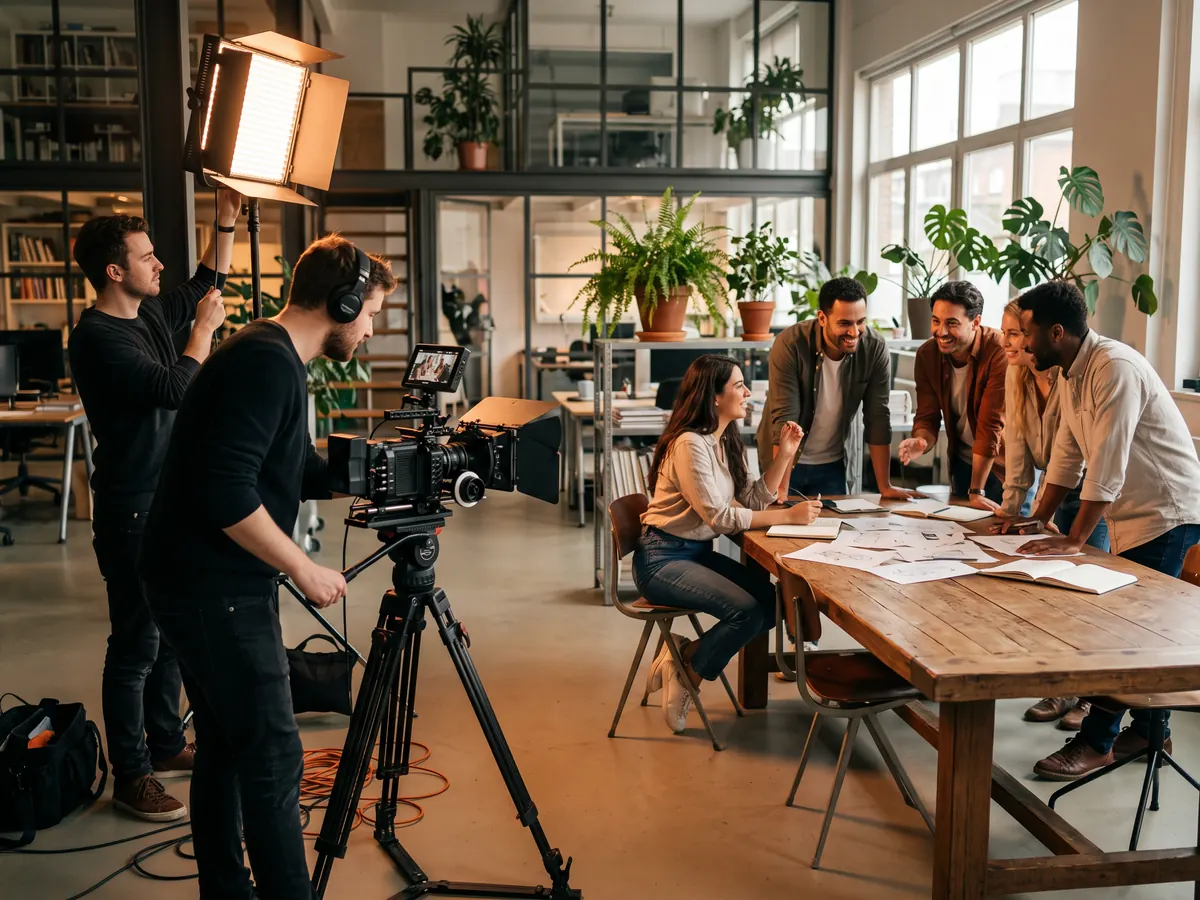 Modern ofiste toplantı masasında çalışan ekibi tripodlu kamera ve LED ışıkla çeken çekim ekibi