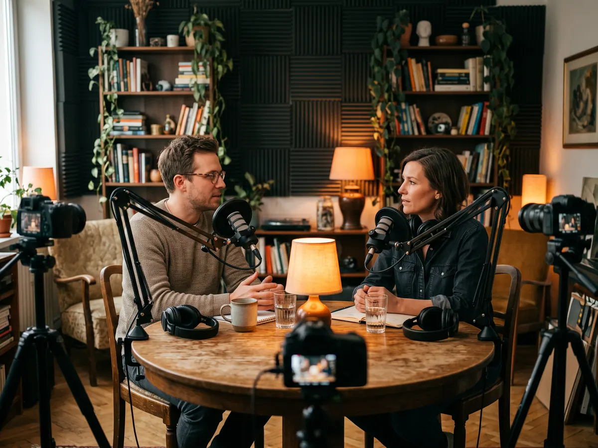 Kitaplıklı sıcak bir stüdyoda yuvarlak masada mikrofonlarla konuşan iki kişi ve onları çeken üç kamera