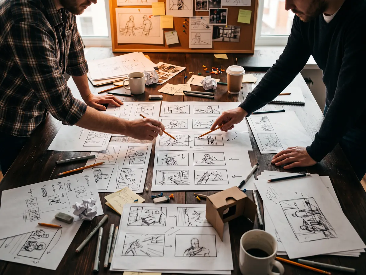 Masaya yayılmış karakalem storyboard çizimleri üzerinde kalemle sahneleri işaretleyen iki kişi